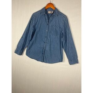 Chico's Button Down Women 1 Blue Star Print Chambray Cotton Roll Tab Shirt